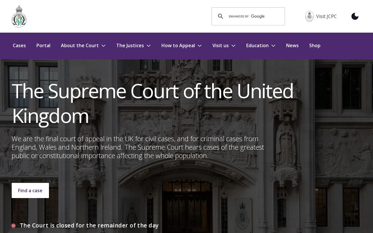 Screenshot of the The Supreme Court website homepage