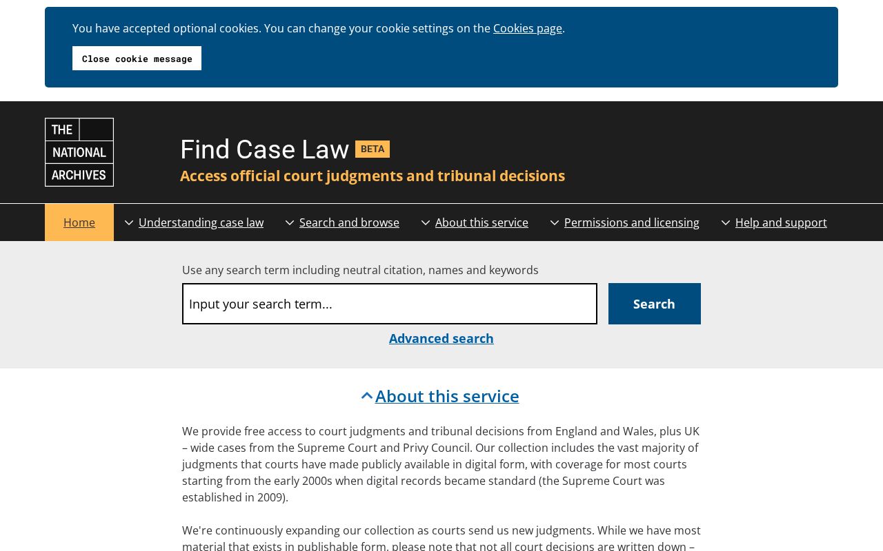 Screenshot of the Find Case Law (National Archives) website homepage