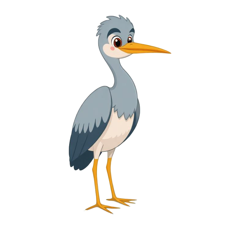 Hedd the Heron, a calm grey cartoon heron standing still in shallow water