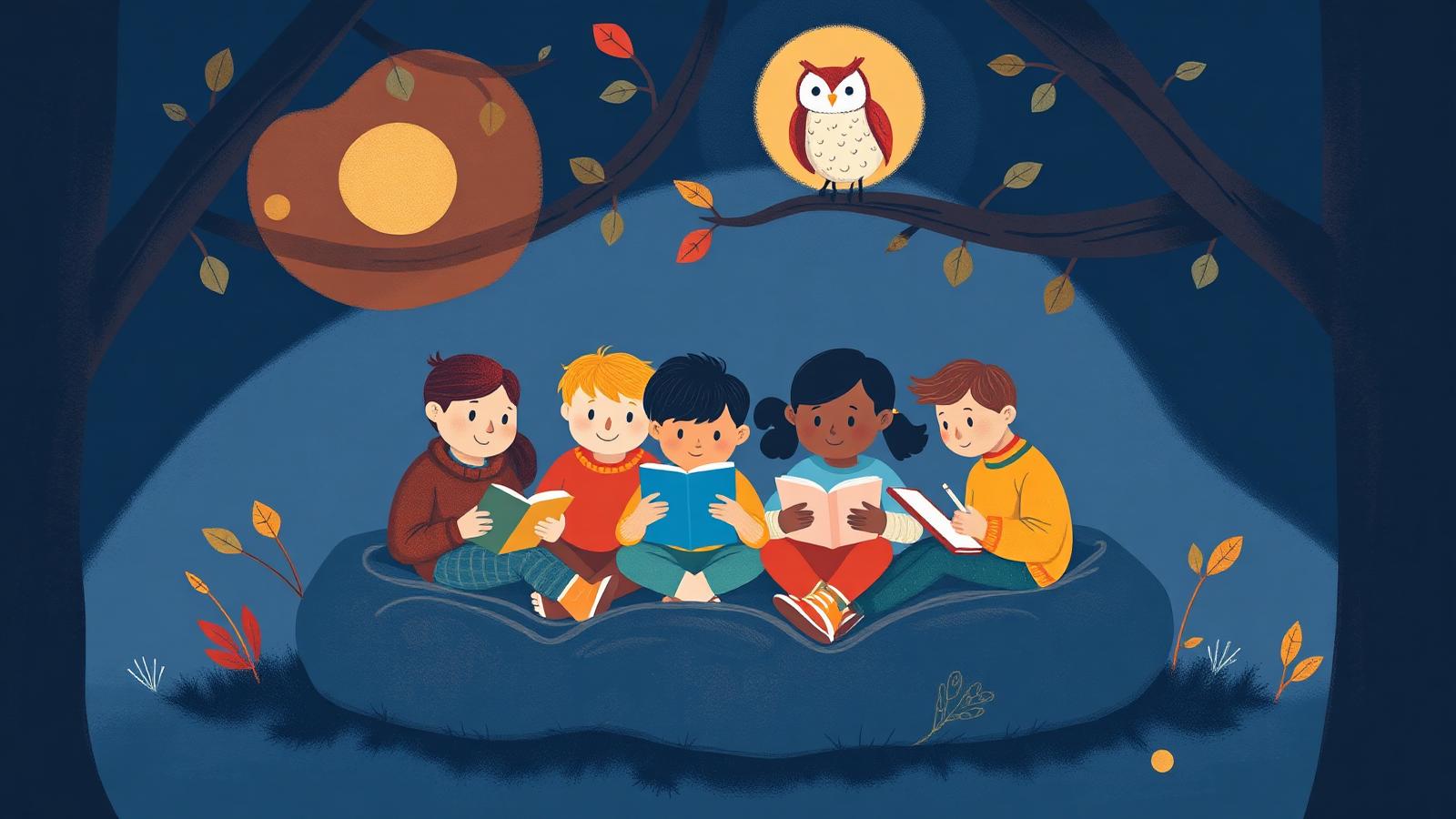 Children reading and drawing together in a cozy nest under a friendly owl