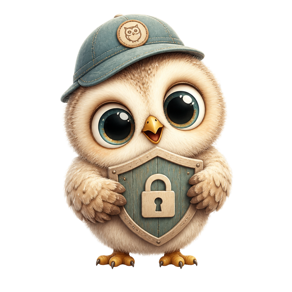 Little OWL mascot as a fluffy hatchling, matching the under-8 age mode.