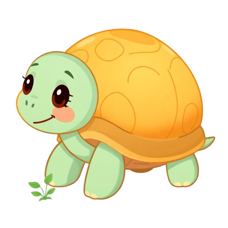 Tomos the Tortoise, a friendly cartoon tortoise mascot with a small green sprout